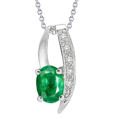 Oval Green Emerald & Natural Earth Mined Diamond Pendant Necklace 3.75 Carat WG 14K