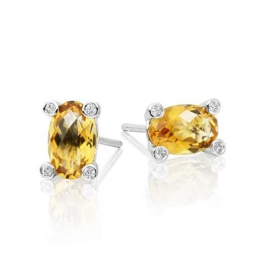 Oval Madeira Citrine With Round Diamond Stud Earrings