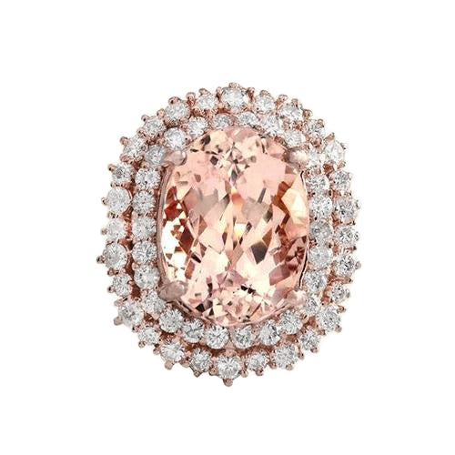 Oval Morganite And Round Natural Earth Mined Diamonds 14 Ct Ring Gold Rose 14K