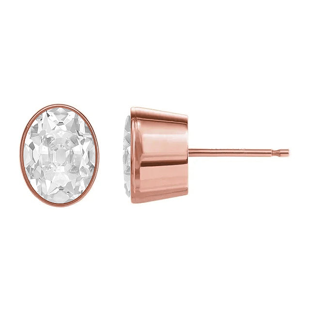 Oval Old Cut Rose Gold Solitaire Diamond Stud Earrings Bezel 4 Carats