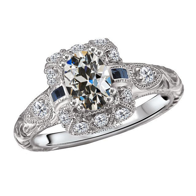 4 Carats Oval Old Cut & Baguette Blue Sapphire Diamond Ring