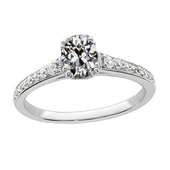 Oval Old Mine Cut Diamond Ring Triple Prong Set