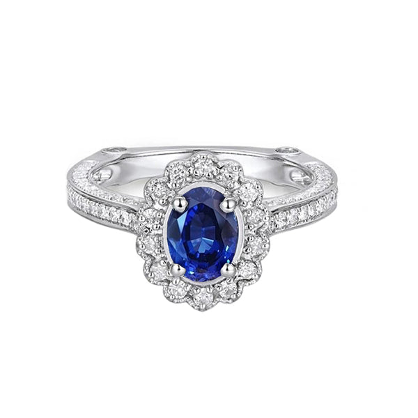 Oval Sri Lankan Sapphire Ring Round Natural Earth Mined Diamond Gold Jewelry 2 Carats