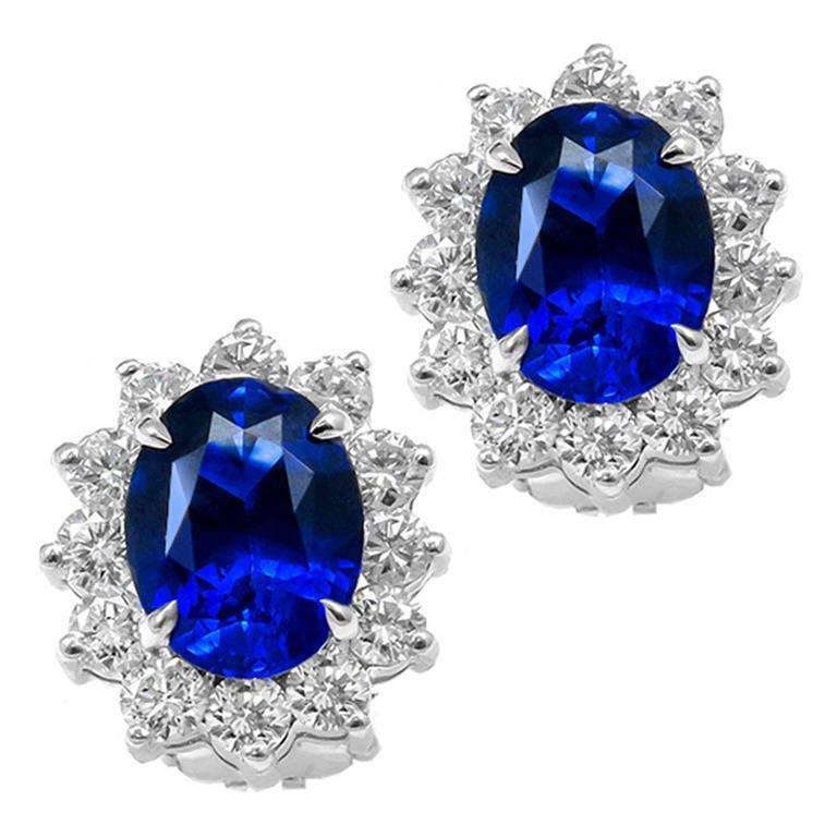 Oval Cut Kashmir Sapphire And Natural Earth Mined Diamond Stud Earring 4.50 Ct
