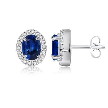 Oval Kashmir Sapphire Halo Natural Earth Mined Diamond Stud Earring White Gold 14K 2.40 Ct.
