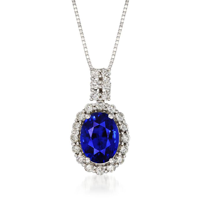 Oval Kashmir Sapphire & Round Natural Earth Mined Diamond Halo Pendant Prong Set 3.50 Carats