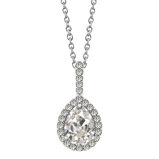 Pear Cut Diamond Halo Pendant Old Miner White Gold 2 Carats