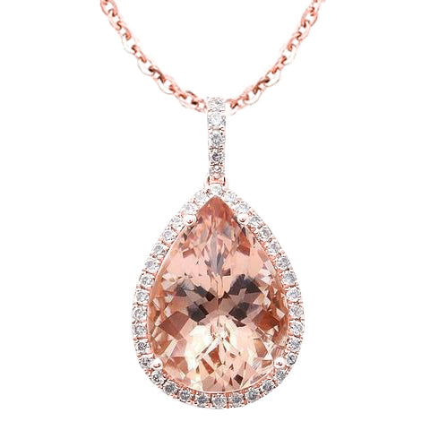 Pear Morganite And Round Natural Earth Mined Diamonds 23.50 Ct Pendant Rose Gold 14K