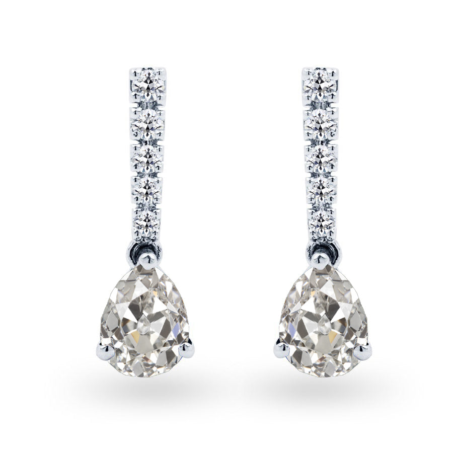 Pear Old Cut Earth Mined Diamond Dangle Earrings Teardrop 3 Prong Set 6 Carats