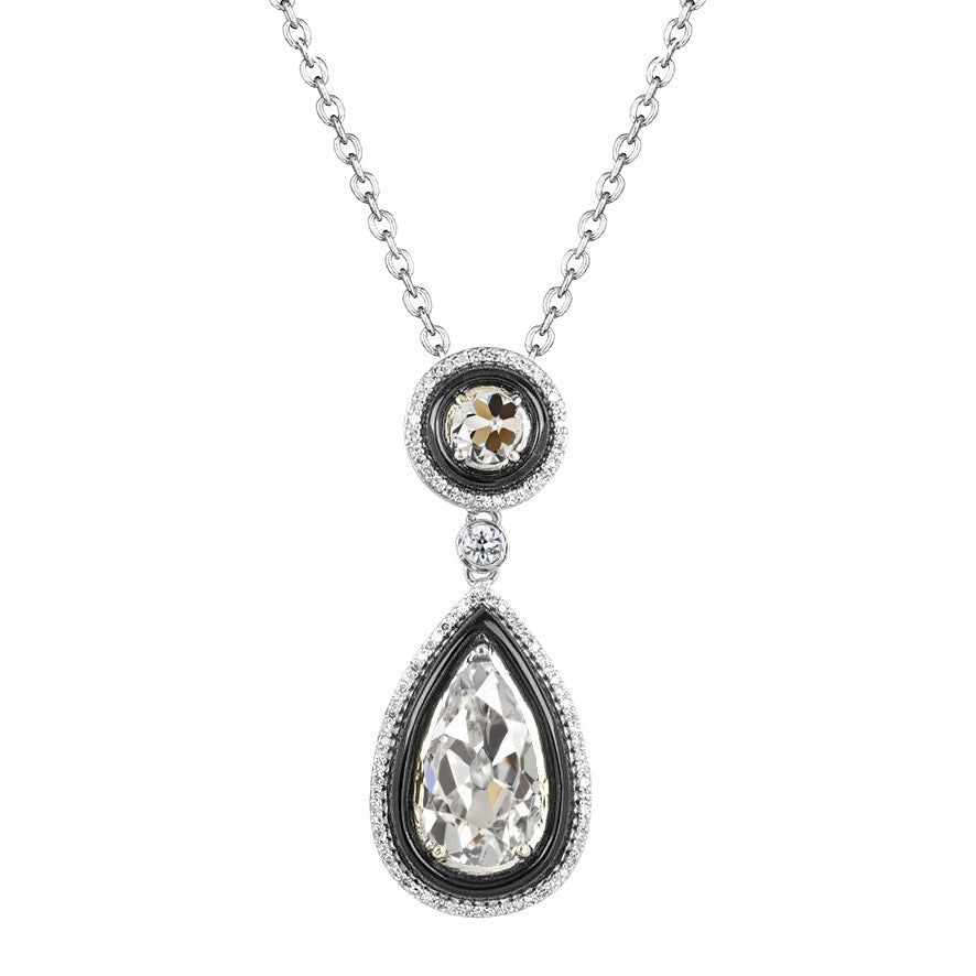Pear Old Cut 2 Ct Diamond Pendant Black & White Gold With Chain