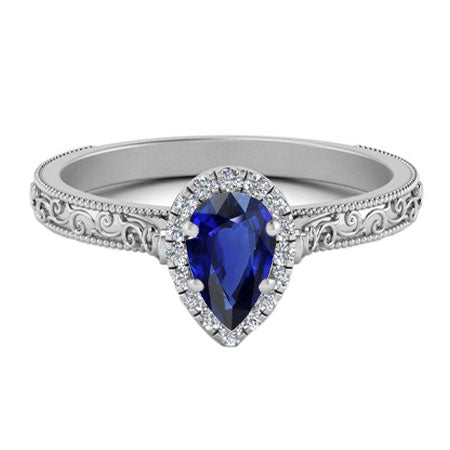 Pear Sapphire Halo Ring 1.50 Carats Antique Style White Gold