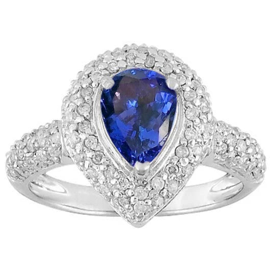 New High Quality Pear Tanzanite Halo Pave Diamonds Ring WG