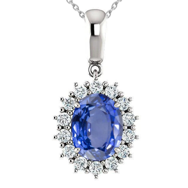 Pendant Necklace Ceylon Blue Sapphire With Natural Earth Mined Diamonds 3.90 Carats WG 14K