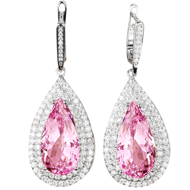 Woman's Weeding Pink Kunzite And Diamond Lady Dangle Earring Fine Gold Jewelry