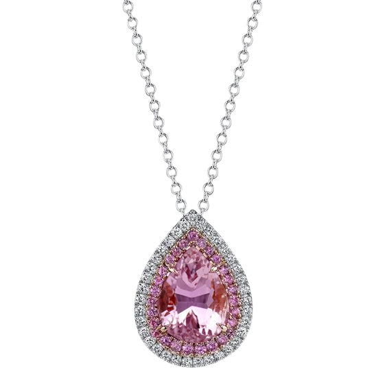 Pink Kunzite And Natural Earth Mined Diamond Necklace Pendant 14K Two Tone Gold 11.75 Ct.