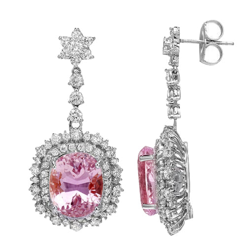 Prong Set 26.50 Ct Pink Kunzite With Natural Earth Mined Diamonds Dangle Earrings Gold