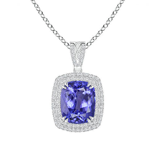 Prong Set Tanzanite With Natural Earth Mined Diamonds 16.25 Ct Pendant With Chain Gold
