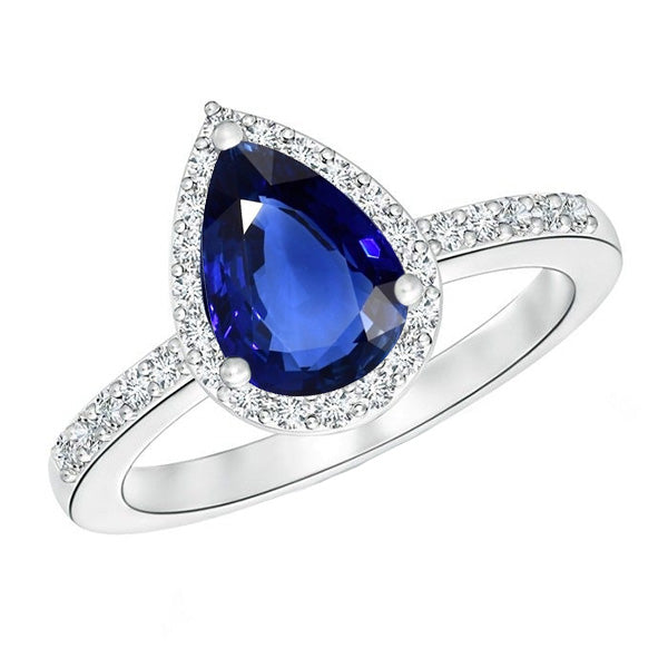 Halo Pear Blue Sapphire Ring & Natural Earth Mined Diamonds 3.25 Carats White Gold 14K
