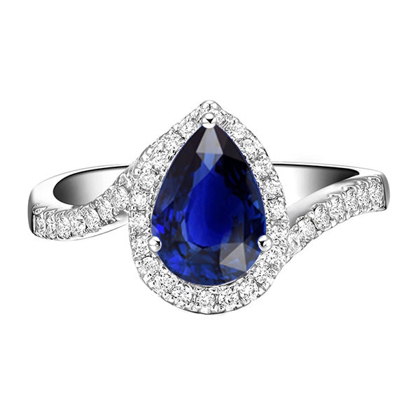 Women Jewelry Sparkling Unique Halo Diamond Ring Tension Style Pear Blue Sapphire