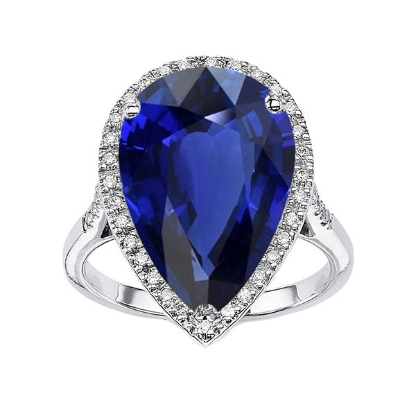 Women Jewelry Sparkling Unique Halo Engagement Ring Pear Ceylon Sapphire & Diamonds