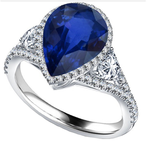 Halo Gold Ring Female new Anniversary Blue Sapphire With Diamond Side Stones