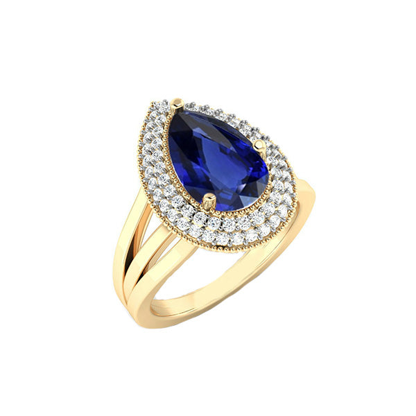 Best Stylish Double Halo Ring Triple Shank Ceylon Sapphire & Diamonds
