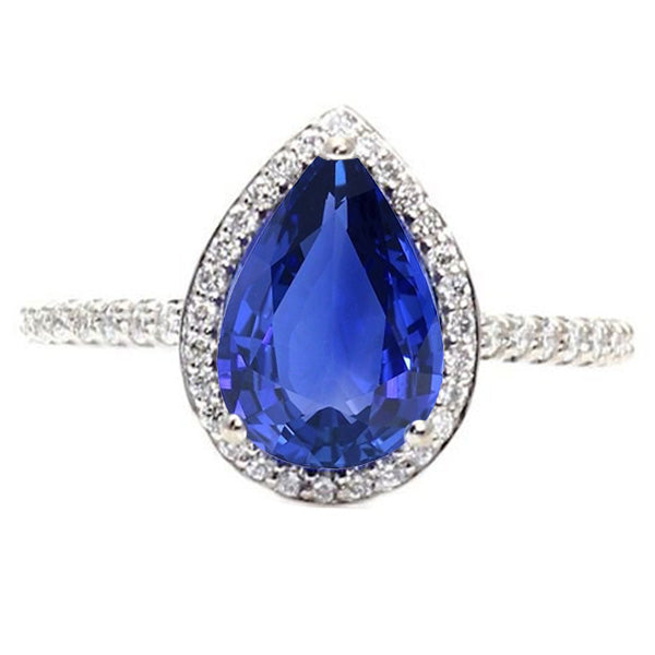 New BEst Stylish Gold Halo Pave Set Diamond Engagement Ring Blue Sapphire