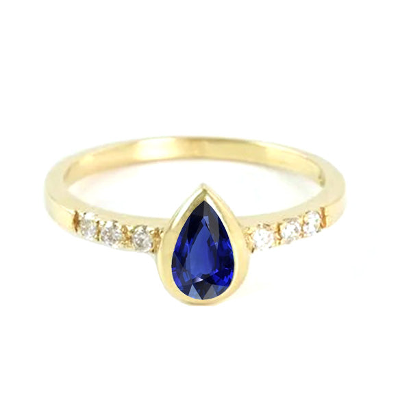 Women Jewelry Sparkling Unique Anniversary Ring Bezel Set Pear Blue Sapphire
