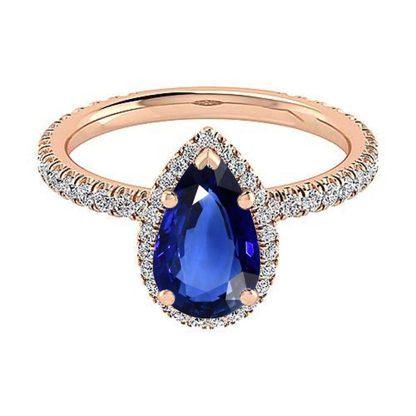 Halo Gold Anniversary Ring Pear Blue Sapphire & Natural Earth Mined Diamonds 5 Carats