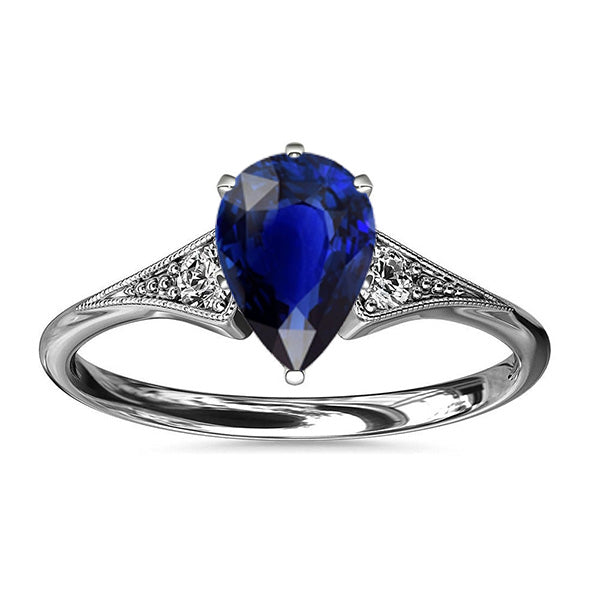3 Stone Antique Style Blue Pear Sapphire Ring & Natural Earth Mined Diamonds 3.25 Carats