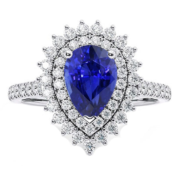 Natural Earth Mined Diamond Double Halo Ring Flower Style Pear Blue Sapphire 5.50 Carats