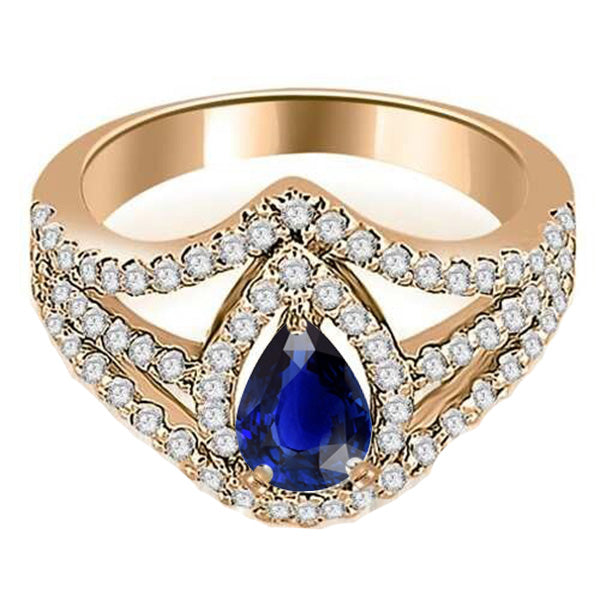 Natural Earth Mined Diamond Halo Wedding Pear Blue Sapphire Ring 4.50 Carats Gold Jewelry