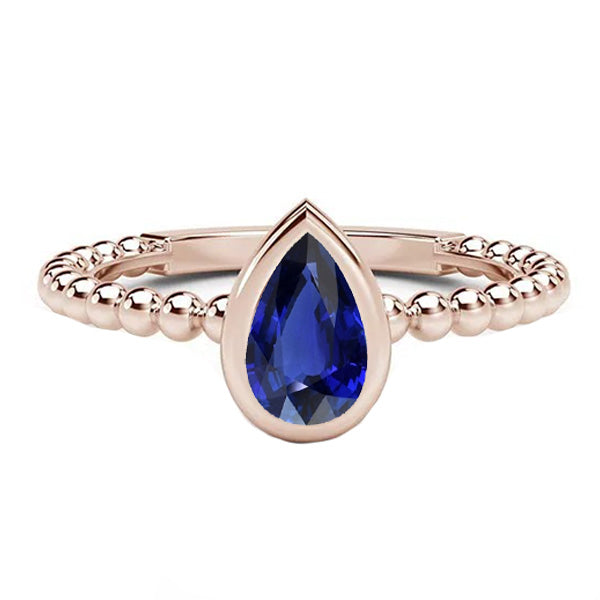 Rose Gold Solitaire Ring Pear Blue Sapphire 1.50 Carats Bezel Set