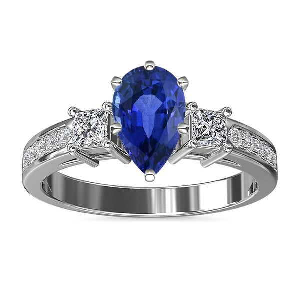 3 Stone Blue Sapphire Ring Princess & Round Natural Earth Mined Diamond Accent 3.50 Carats