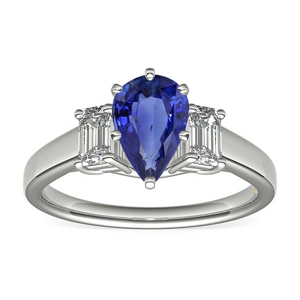 Three Stone Ring Pear SriLanka Sapphire 2 Carats & Emerald Natural Earth Mined Diamonds