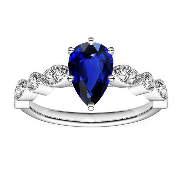 Gold Natural Earth Mined Diamond Ring Pear Antique Style Srilankan Sapphire 2.50 Carats