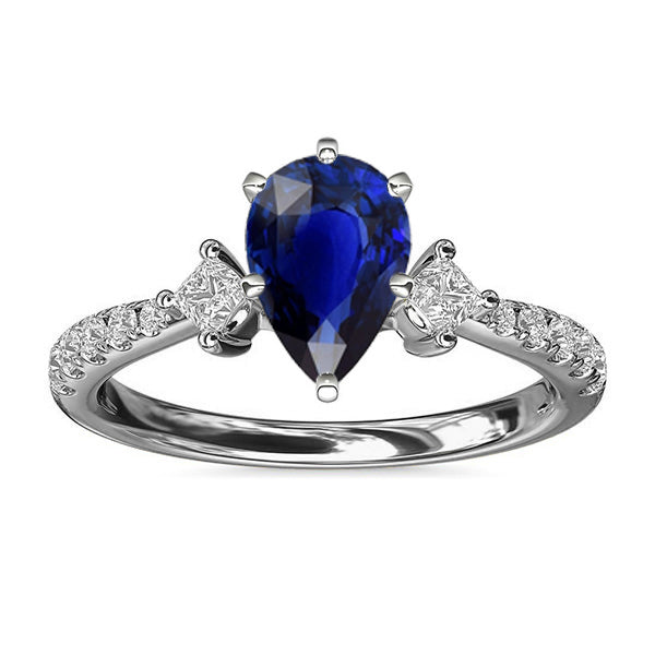 Three Stone Pear Ceylon Sapphire RIng With Natural Earth Mined Diamond Accents 3 Carats