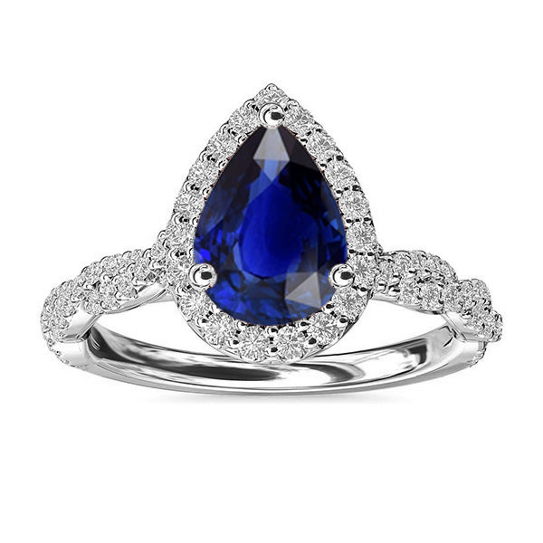 Natural Earth Mined Diamond Wedding Halo Ring Pear Shaped Sri Lankan Sapphire 4 Carats
