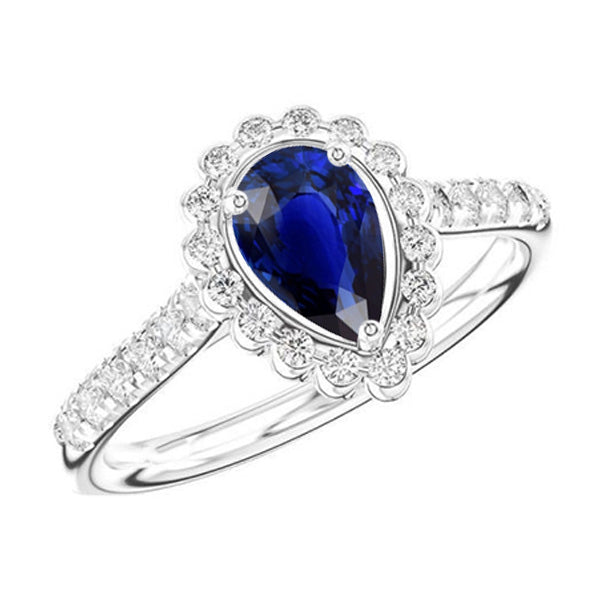 Halo Srilanka Sapphire Ring Pear White Gold & Natural Earth Mined Diamonds 4 Carats