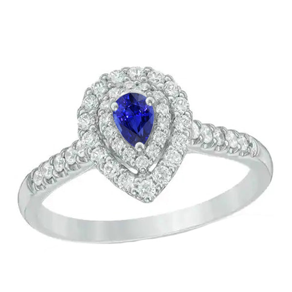 Double Halo Sri Lankan Sapphire Ring Pear & Natural Earth Mined Diamonds 3 Carats