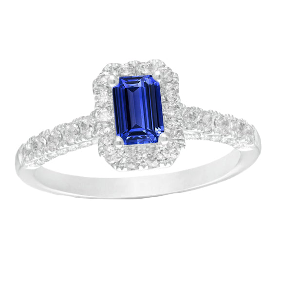 Halo Ceylon Sapphire Ring Emerald Cut & Natural Earth Mined Diamonds 3.50 Carats