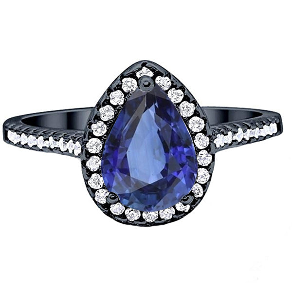 Black Gold Halo Pear Shaped Ring Blue Sapphire & Natural Earth Mined Diamonds 4 Carats