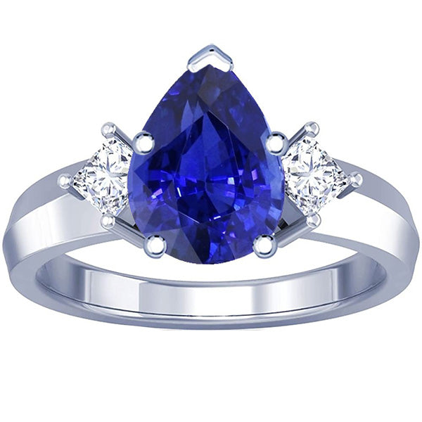 3 Stone Ring Pear Blue Sapphire & Princess Natural Earth Mined Diamonds 3 Carats Gold 14K