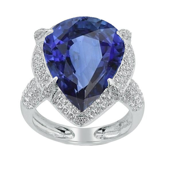 White Gold Halo Pear Ceylon Sapphire & Natural Earth Mined Diamond Ring 5.50 Carats
