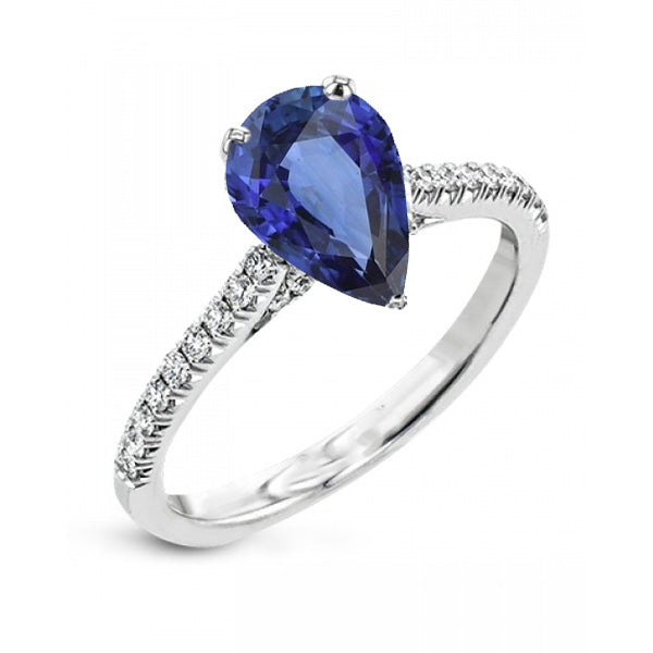 Quality Wedding Solitaire Pear Blue Sapphire Ring With Scallop Set Diamonds