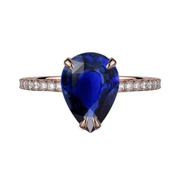 Gold Solitaire Pear Ceylon Sapphire Ring & Pave Set DiamondsQuality Wedding