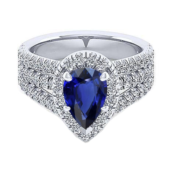 Women Jewelry Sparkling Unique Halo Ring Prong Set Pear Blue Sapphire & Triple Shank Diamond