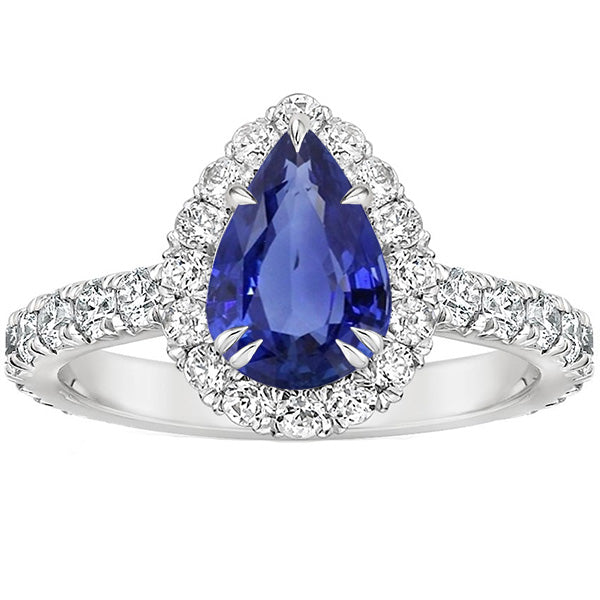 Anniversary Halo Blue Sapphire Ring & Pave Set Pear Women Jewelry Sparkling Unique