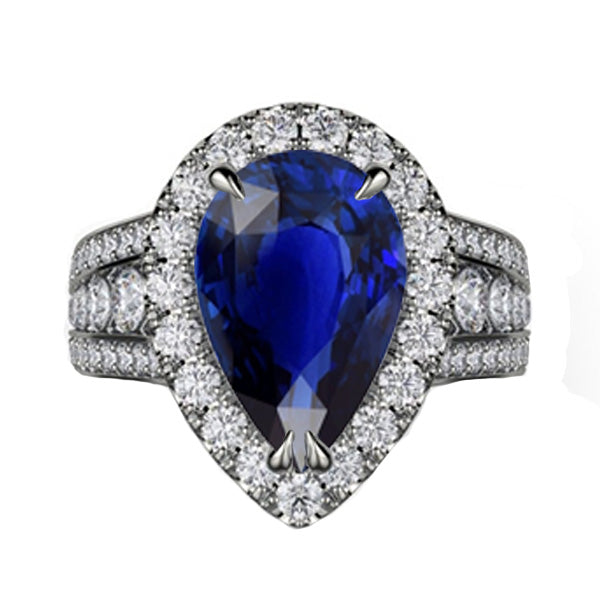 Women Halo Women Jewelry Sparkling Blue Sapphire Wedding Ring Set & Diamonds