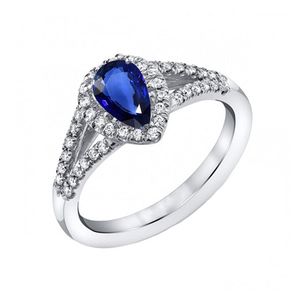Lady’s Brilliant Engagement Halo Blue Sapphire Ring Split Shank Diamonds
